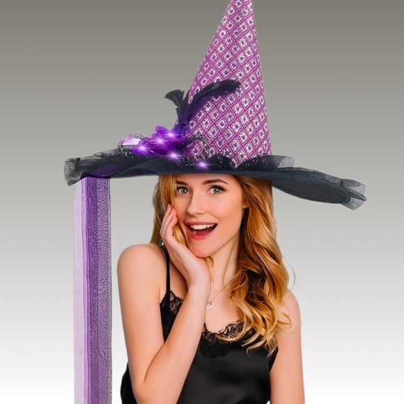 NWT Purple Witch Hat with LED Lights, Feathers & Sequins - Picture 2 of 4